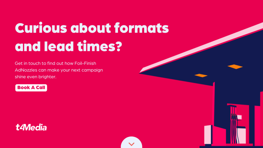 Graphic illustration of a petrol station canopy with text reading ‘Curious about formats and lead times?’ promoting T4Media’s Foil-Finish AdNozzles and a Book a Call button.