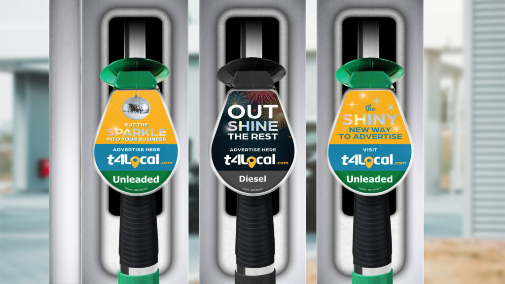 Three fuel pump AdNozzles featuring T4Media’s new Foil-Finish design, showcasing metallic highlights that add sparkle and attract attention on forecourts.